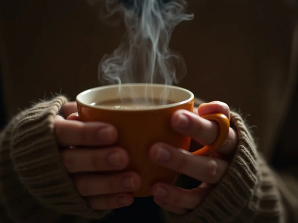 Close-up of a person's hands holding a warm cup of herbal tea before bedtime, steam rising gently, cozy dim lighting, hy