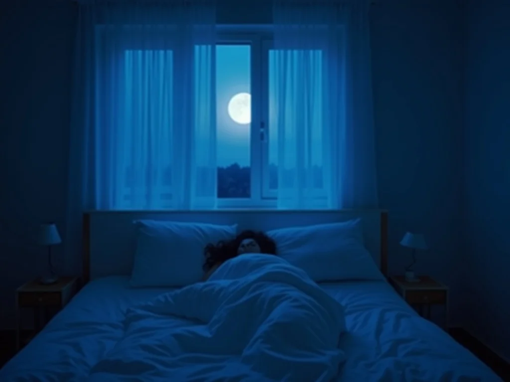 A serene bedroom at night with soft blue moonlight filtering through curtains, a person sleeping peacefully in clean whi