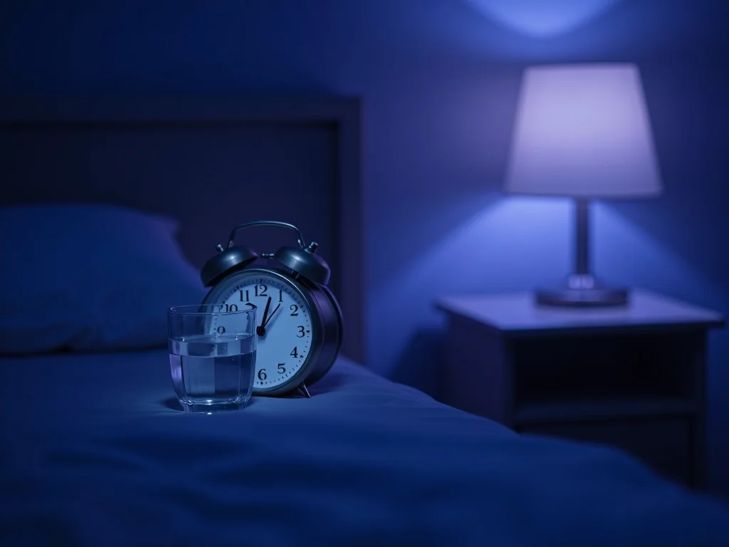 A bedside clock in the early morning with soft ambient light in cool periwinkle tones