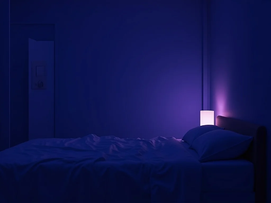 Insomnia causes - peaceful bedroom with deep navy night atmosphere