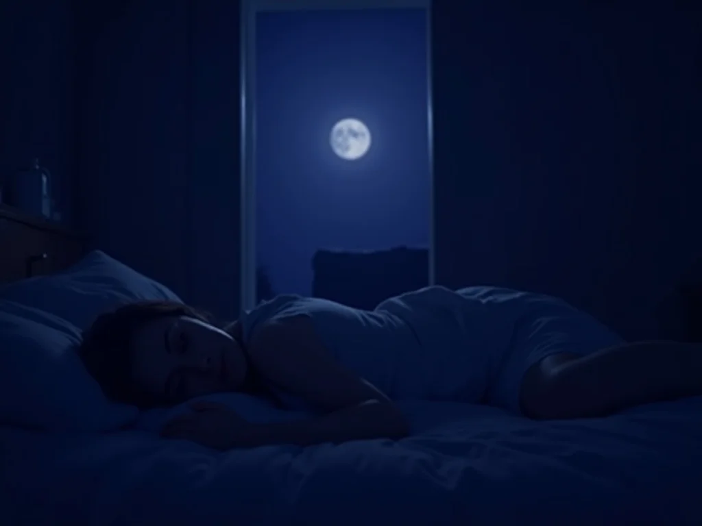 Person struggling with insomnia in deep navy night bedroom