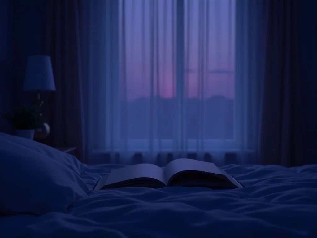 Calm sleep environment with soft periwinkle dawn light breaking through